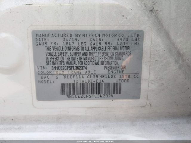 3N1CE2CP5FL362374 Nissan Versa Note S (sr)/s Plus/sl/sr/sv