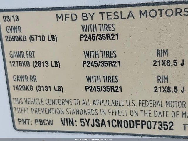 2013 TESLA MODEL S 5YJSA1CN0DFP07352 Photo 8