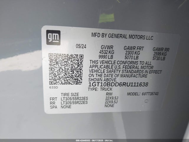 2024 Gmc Hummer Ev Pickup E4wd 2x მანქანა იყიდება აუქციონზე, vin: 1GT10BDD6RU111638, აუქციონის ნომერი: 42449353