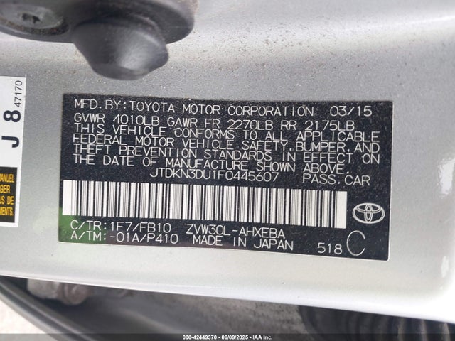 JTDKN3DU1F0445607 Toyota 2zr-fxe+3jm
