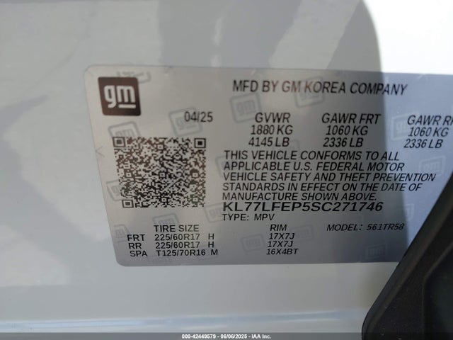 2025 Chevrolet Trax Fwd Ls მანქანა იყიდება აუქციონზე, vin: KL77LFEP5SC271746, აუქციონის ნომერი: 42449579