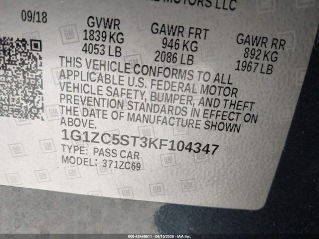 1G1ZC5ST3KF104347 Chevrolet lfv - direct injection, variable valve timing, gen 1