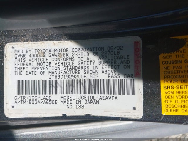 Aukcja sprzedaży 2002 Lexus Is 300, vin: JTHBD192920061503, numer aukcji: 42449734