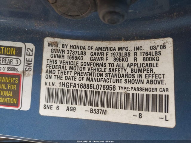 2006 Honda Civic Ex მანქანა იყიდება აუქციონზე, vin: 1HGFA16886L076956, აუქციონის ნომერი: 42449736