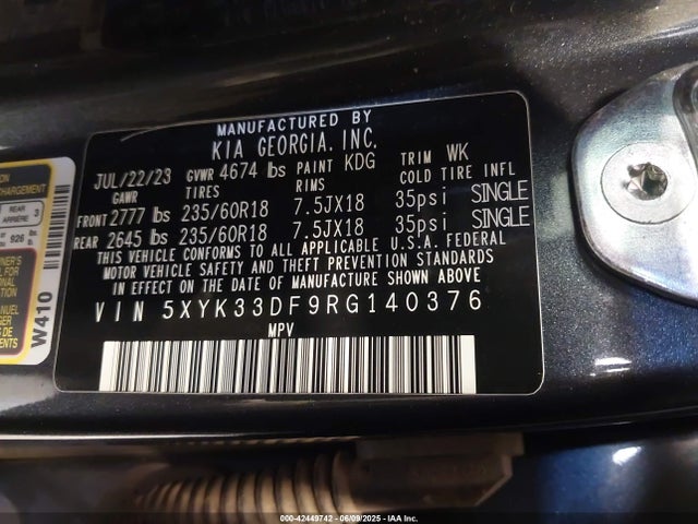 5XYK33DF9RG140376 KIA gdi theta iii