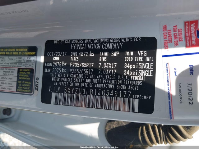 5XYZU3LB1JG549177 Hyundai gdi theta ii