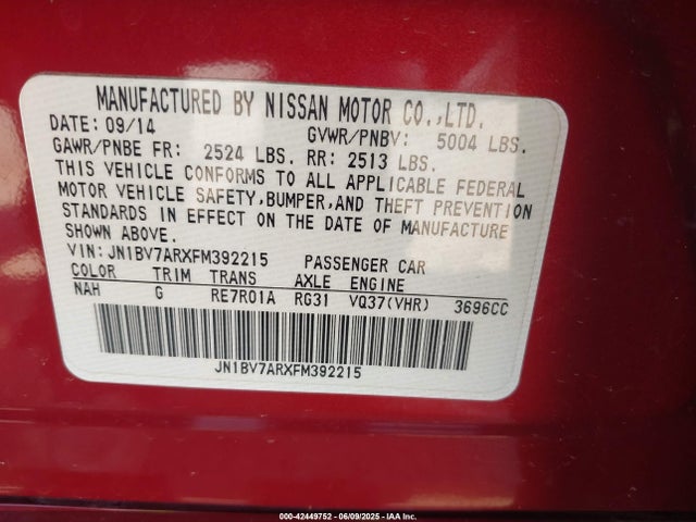 JN1BV7ARXFM392215 Infiniti Q50