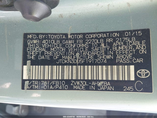 Toyota 2zr-fxe+3jm 2015 JTDKN3DU5F1917074 Image 9