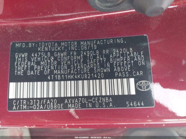 2019 TOYOTA CAMRY 4T1B11HK4KU821420 Photo 8