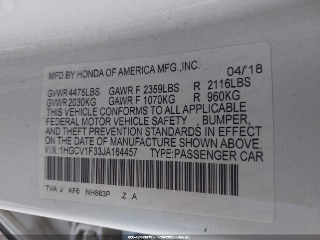 1HGCV1F33JA164457 Honda l15be