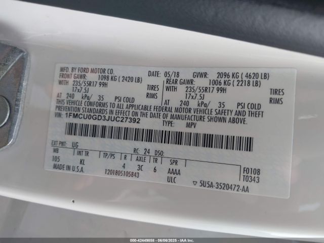 1FMCU0GD3JUC27392 Ford ESCAPE SE