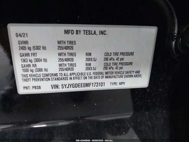 2021 TESLA MODEL Y 5YJYGDEE0MF173101 Photo 8
