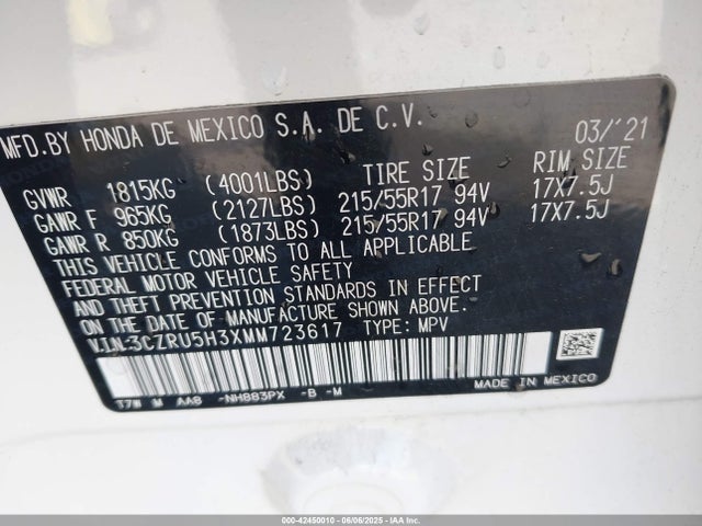 3CZRU5H3XMM723617 Honda r18z9