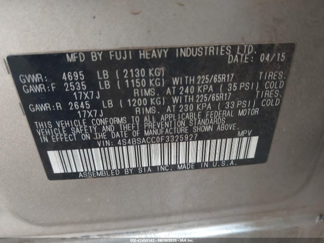 Subaru 2.5l u5 2015 4S4BSACC0F3325927 Image 9
