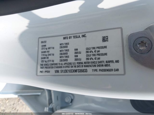 5YJ3E1ECXNF335833 Tesla 2022