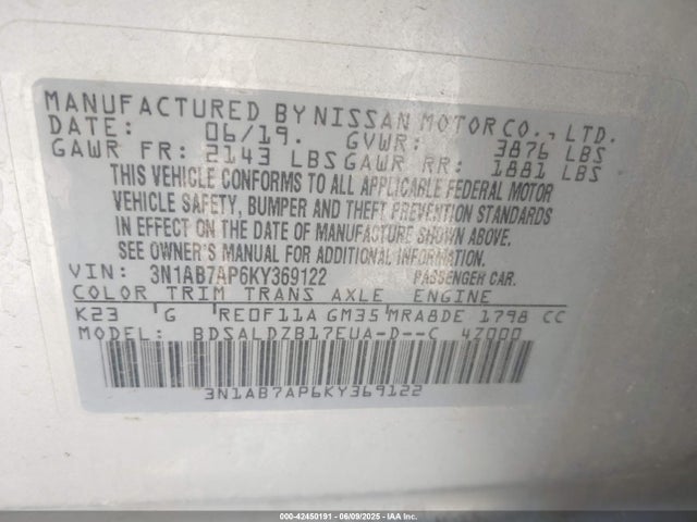 Продажа на аукционе авто 2019 Nissan Sentra Sv, vin: 3N1AB7AP6KY369122, номер лота: 42450191