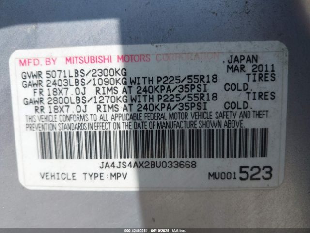2011 MITSUBISHI OUTLANDER JA4JS4AX2BU033668 Photo 8