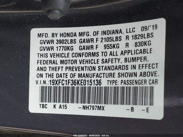 2019 HONDA CIVIC 19XFC1F36KE015136 Photo 8