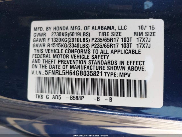 5FNRL5H64GB035821 Honda j35z8