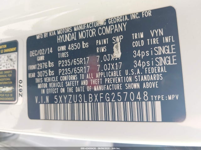 5XYZU3LBXFG257048 Hyundai dohc gdi theta ii