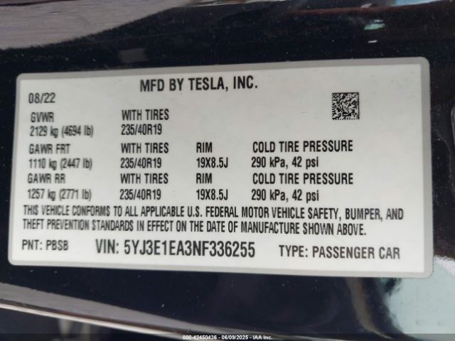 2022 TESLA MODEL 3 5YJ3E1EA3NF336255 Photo 8
