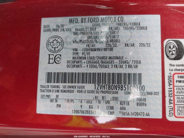 2008 FORD MUSTANG 1ZVHT80N985100100 Photo 8