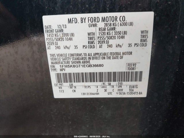1FM5K8GT1EGB36680 Ford 2014