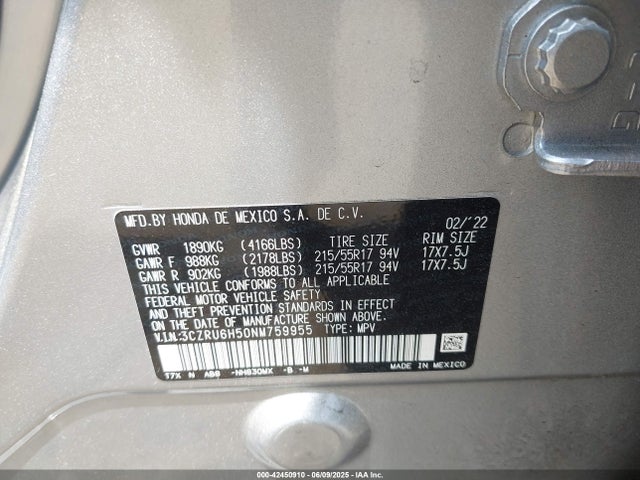 3CZRU6H50NM759955 Honda Hr-v Awd Ex