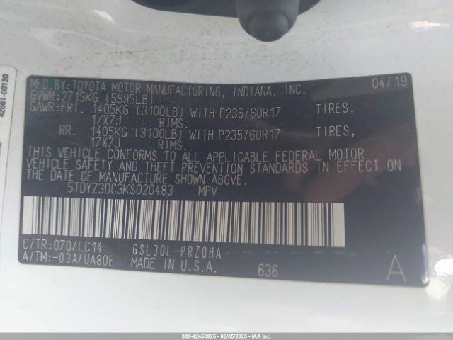 5TDYZ3DC3KS020483 Toyota 2gr-fks