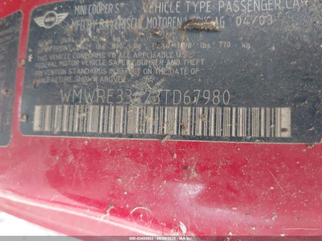 2003 MINI COOPER S WMWRE33423TD67980 Photo 8