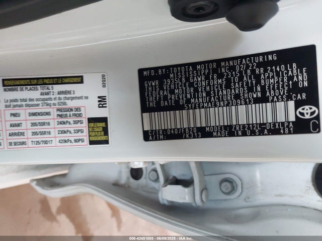 5YFEPMAE9NP309613 Toyota 2zr-fae