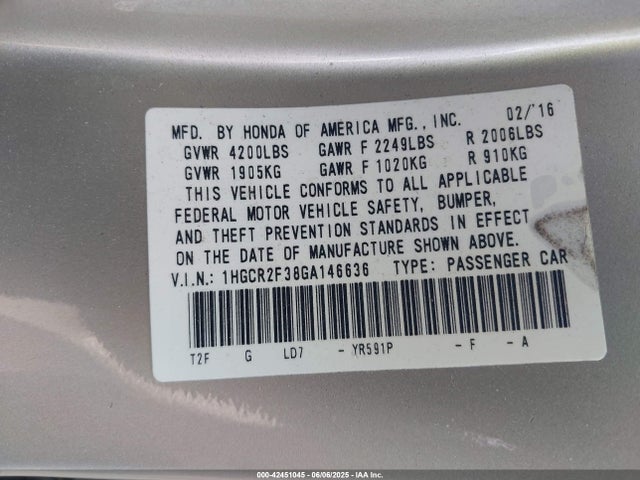 1HGCR2F38GA146636 Honda k24w1