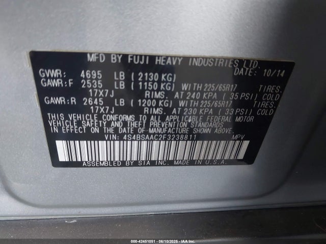 Subaru 2.5l u5 2015 4S4BSAAC2F3238811 Image 9