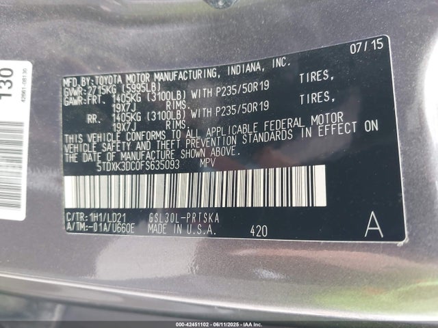 Toyota 2gr-fks 2015 5TDXK3DC0FS635093 Image 9