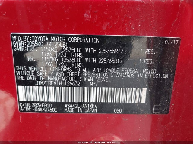 JTMZFREV1HJ126632 Toyota 2ar-fe