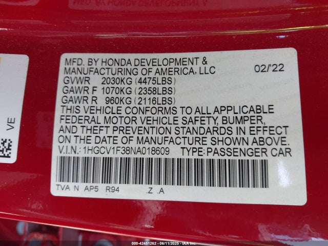 1HGCV1F38NA018609 Honda l15be