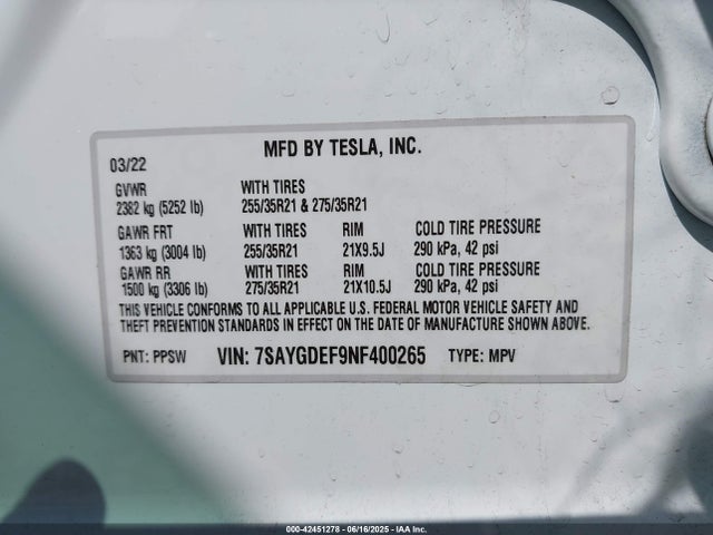 7SAYGDEF9NF400265 Tesla 2022