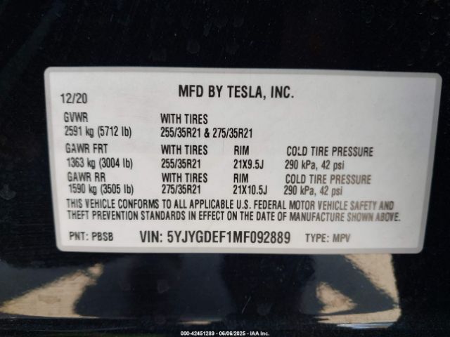 2021 TESLA MODEL Y 5YJYGDEF1MF092889 Photo 8