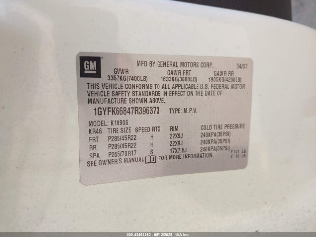 2007 CADILLAC ESCALADE ESV 1GYFK66847R396373 Photo 8