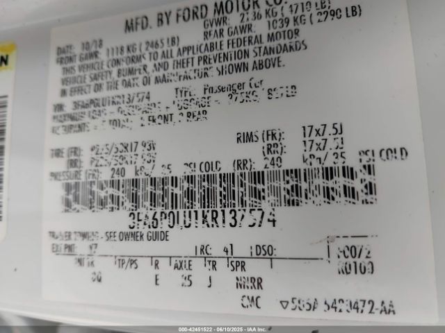 2019 FORD FUSION HYBRID 3FA6P0LU1KR137574 Photo 8