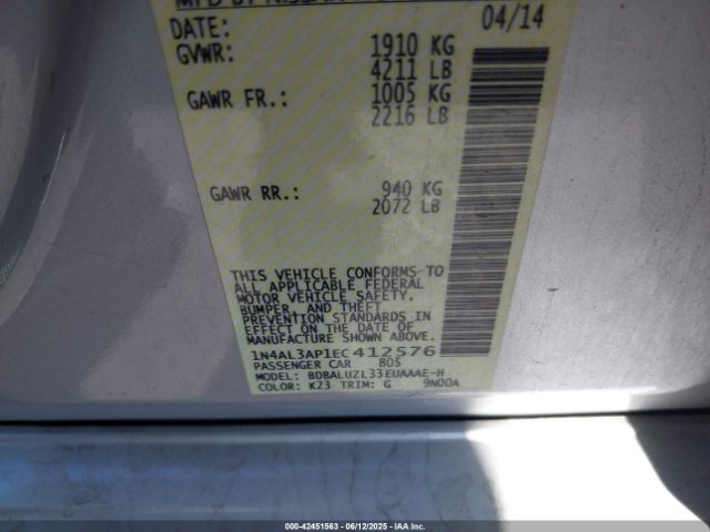 1N4AL3AP1EC412576 Nissan Altima 2.5 Sv