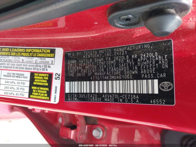 2021 TOYOTA CAMRY 4T1G11AK3MU461060 Photo 8