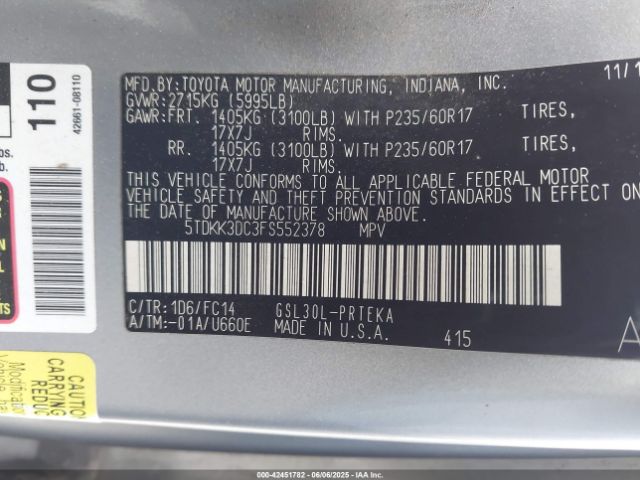 5TDKK3DC3FS552378 Toyota Sienna Le 8 Passenger
