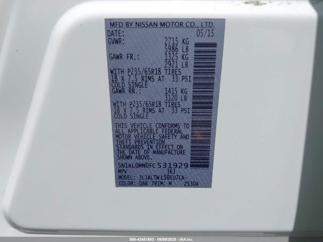 Infiniti QX60 2015 5N1AL0MN0FC531929 Image 9