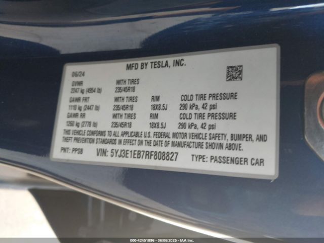 5YJ3E1EB7RF808827 Tesla Model 3 Long Range Dual Motor All-wheel Drive