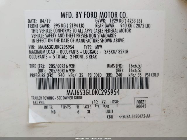 2019 FORD ECOSPORT MAJ6S3GL0KC295954 Photo 8