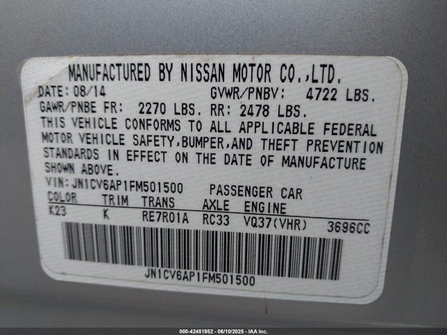 JN1CV6AP1FM501500 Infiniti 2015