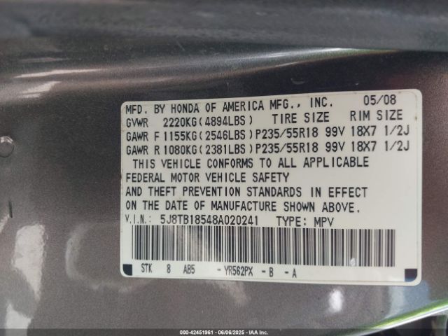 2008 ACURA RDX 5J8TB18548A020241 Photo 8