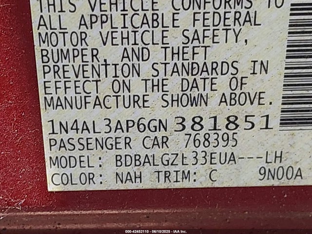 2016 Nissan Altima 2.5 S მანქანა იყიდება აუქციონზე, vin: 1N4AL3AP6GN381851, აუქციონის ნომერი: 42452110