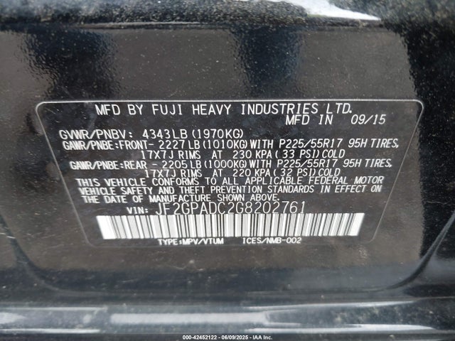 Subaru naturally aspirated 2016 JF2GPADC2G8202761 Image 9